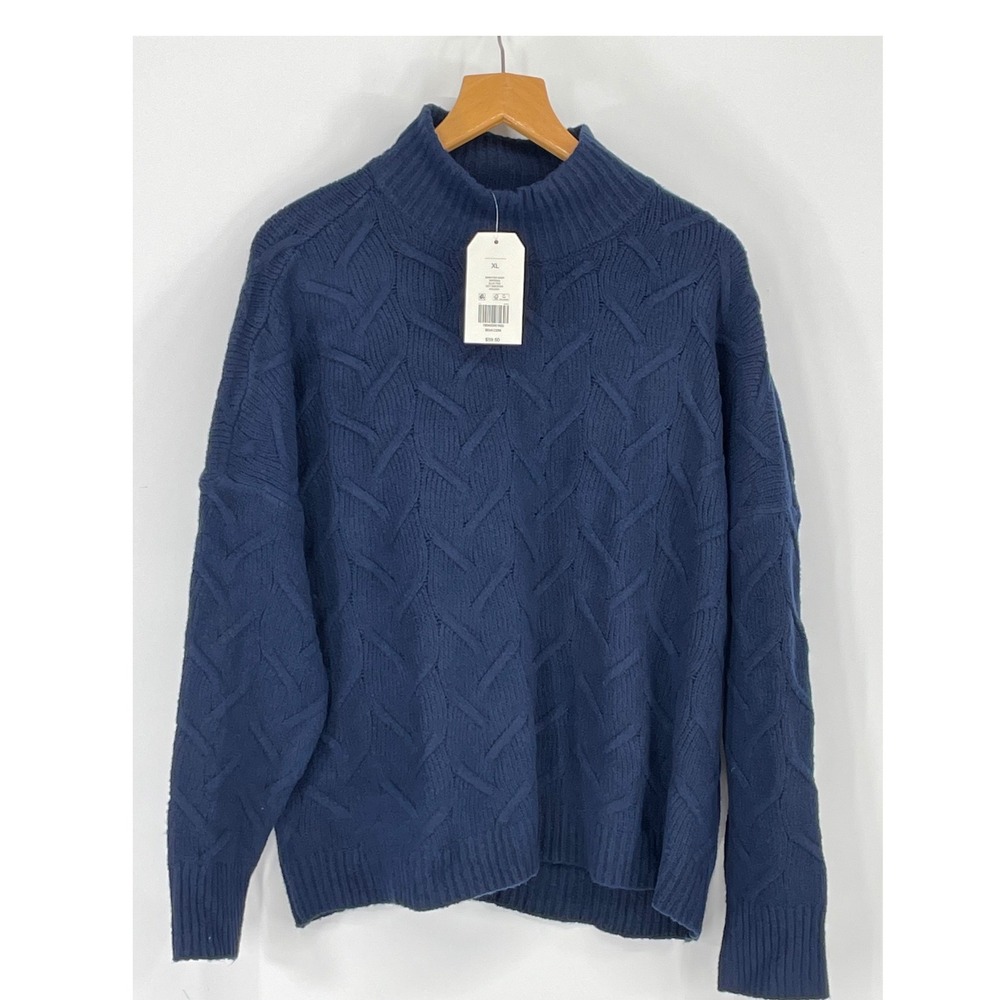 NEW Wonderly Women Sweater XL Mock Neck Blue Textured Cable Soft Knit Cozy